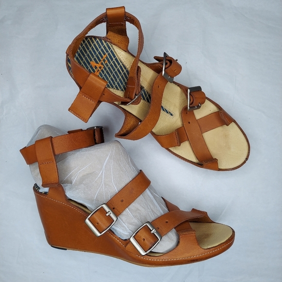 JShoes Leather Wedge Heel Ankle Strappy Open Toe Brown 10 Womens - Picture 1 of 8
